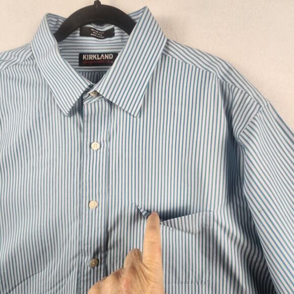 Kirkland Signature Men 18-35 Button Down Shirt Blue White Striped Long Sleeve - Picture 7 of 16